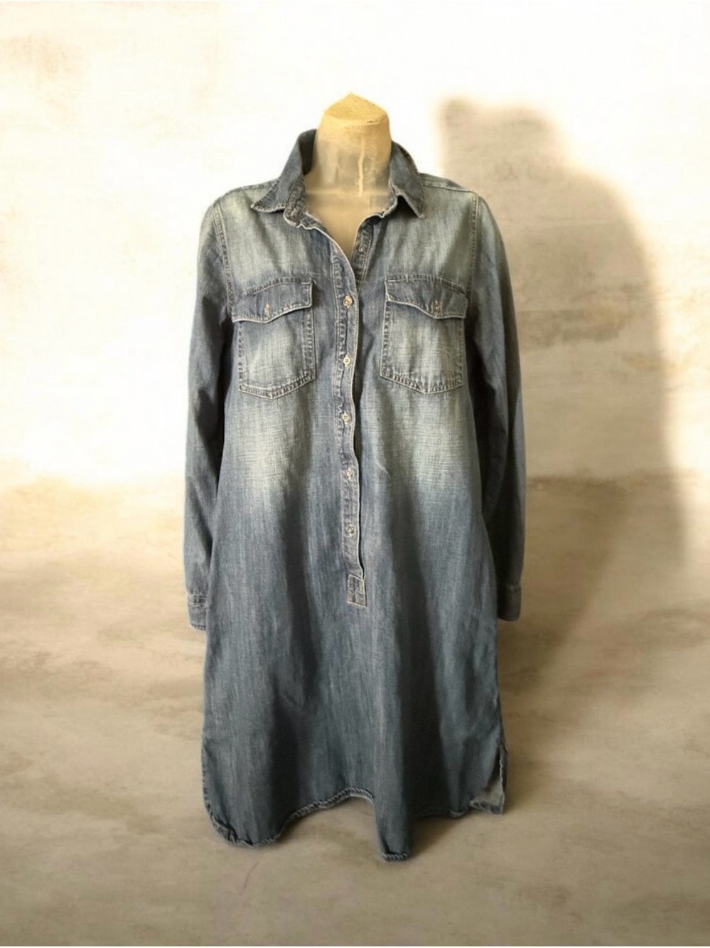 Route 66 Blue Denim Shirt Dress M Long Sleeve Collared Pockets Knee Length